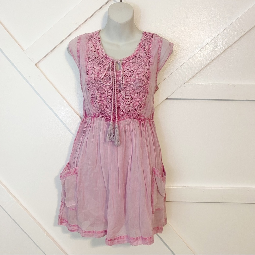 NWT RAGA Floral Lace Tassel Tie Chest Mini Dress Pockets Pink Sz S